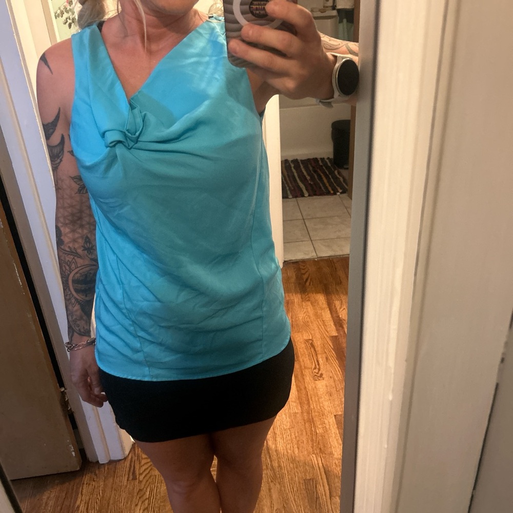 Worthington Asymmetrical Blue Tank Top with Tie Front